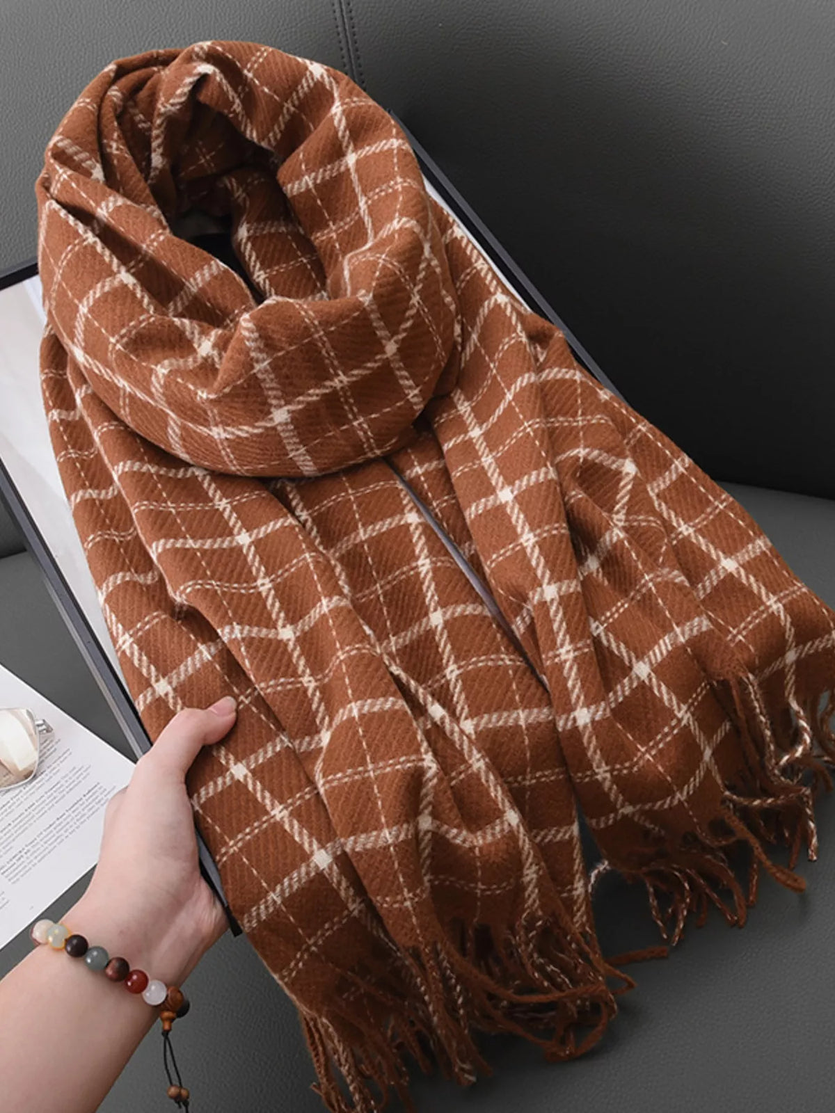 Classic Grid Check Plaid Fringe Scarf