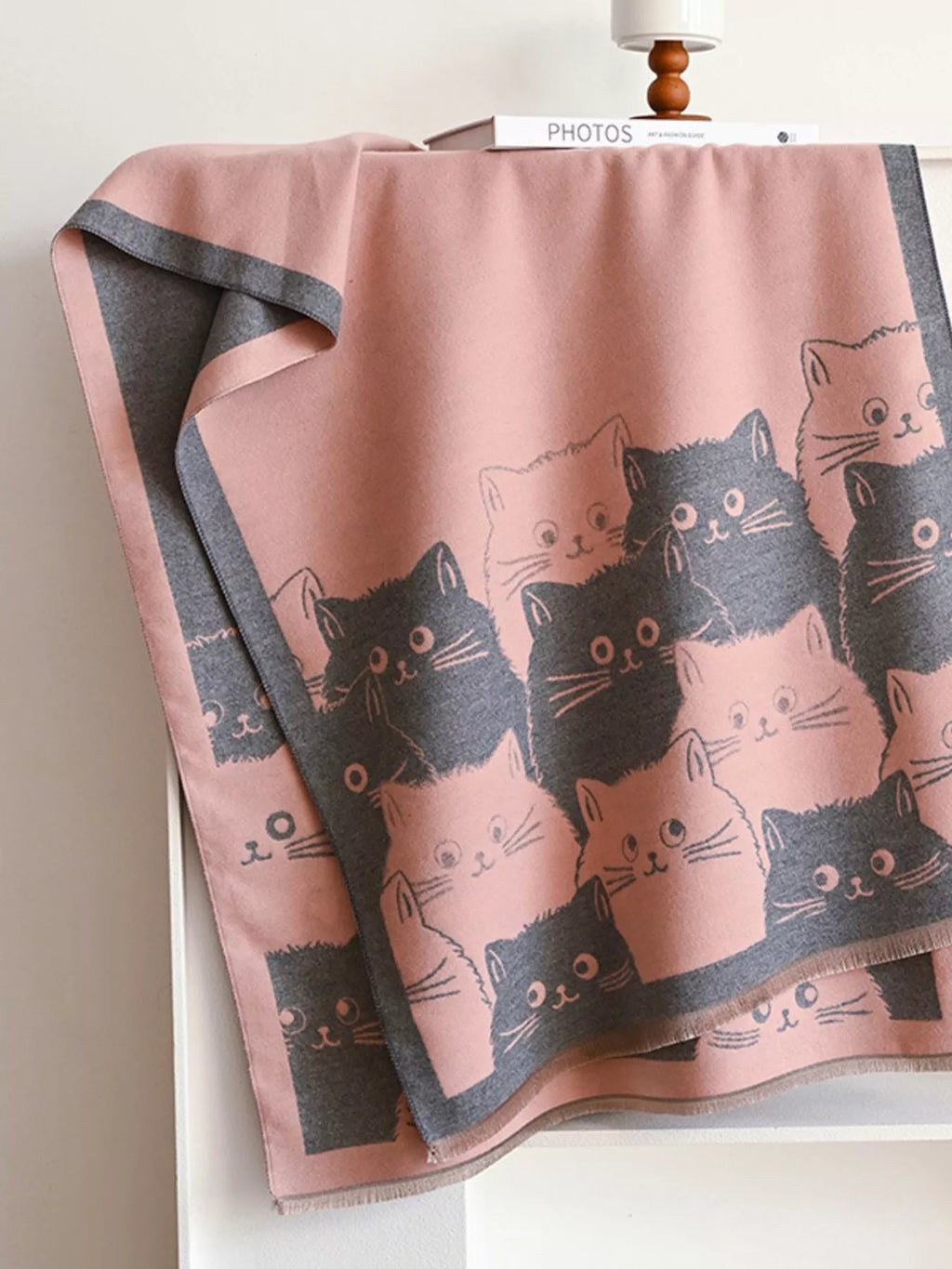 Cute Cat Pattern Knitted Wide Scarf with Contrast Border
