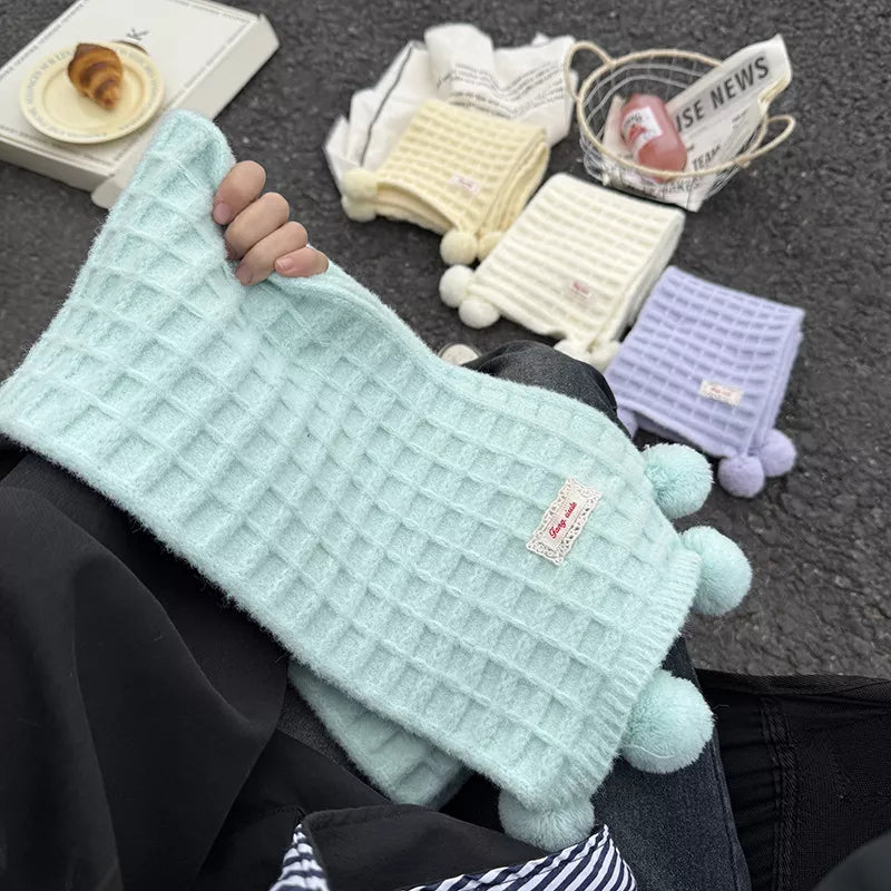 Soft Waffle Knit Pom-Pom Scarf with Label Patch