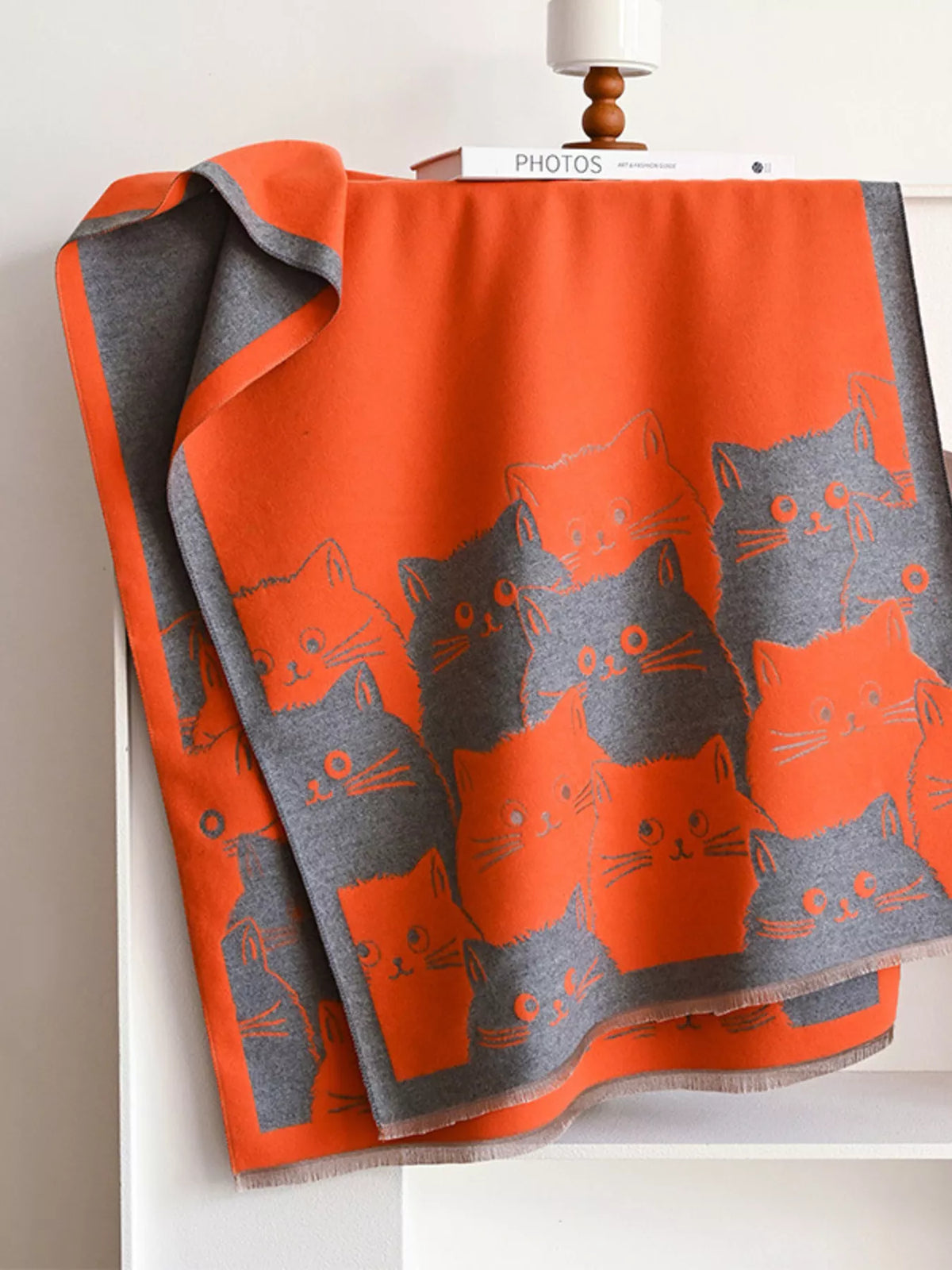 Cute Cat Pattern Knitted Wide Scarf with Contrast Border