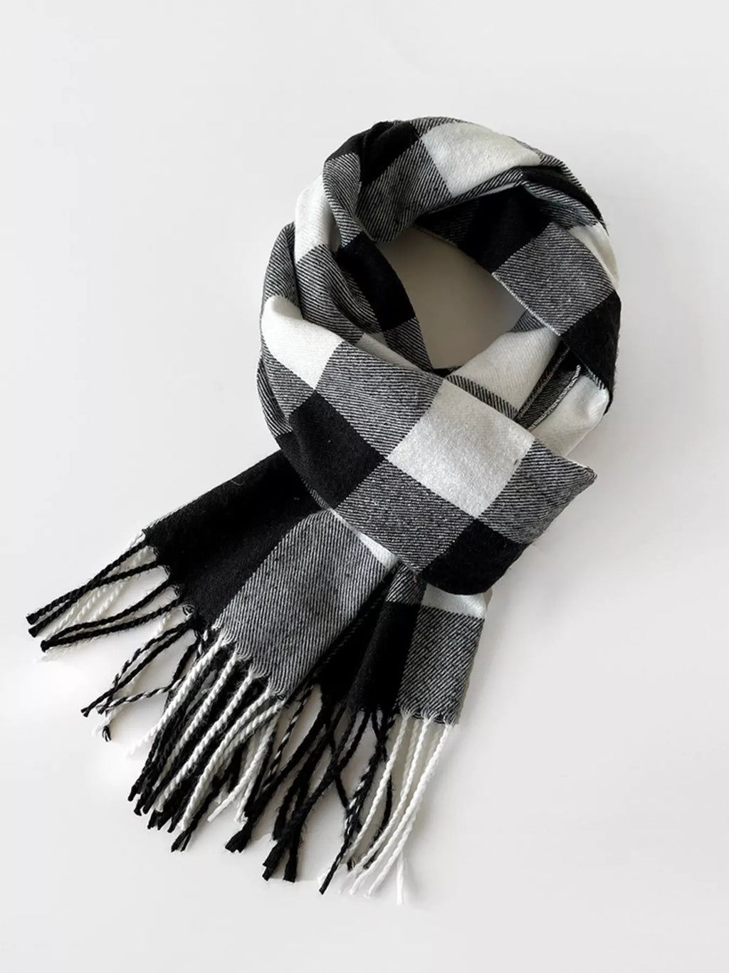 Classic Black Buffalo Check Plaid Fringe Scarf