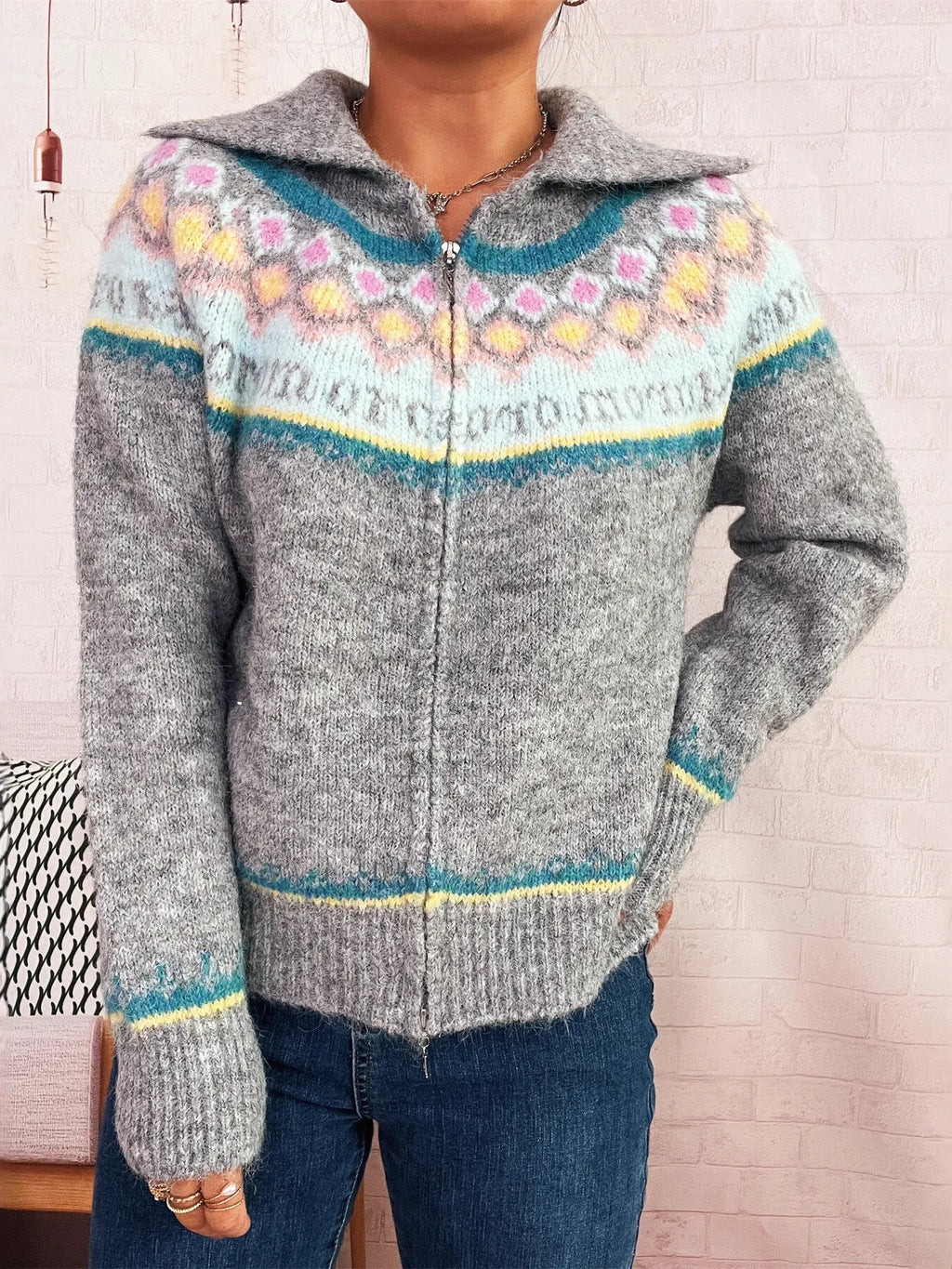 Fair Isle Zip Up Cardigan