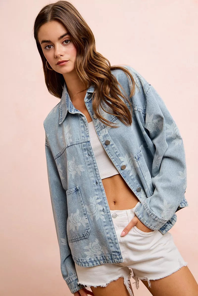 Floral Print Washed Denim Jacket