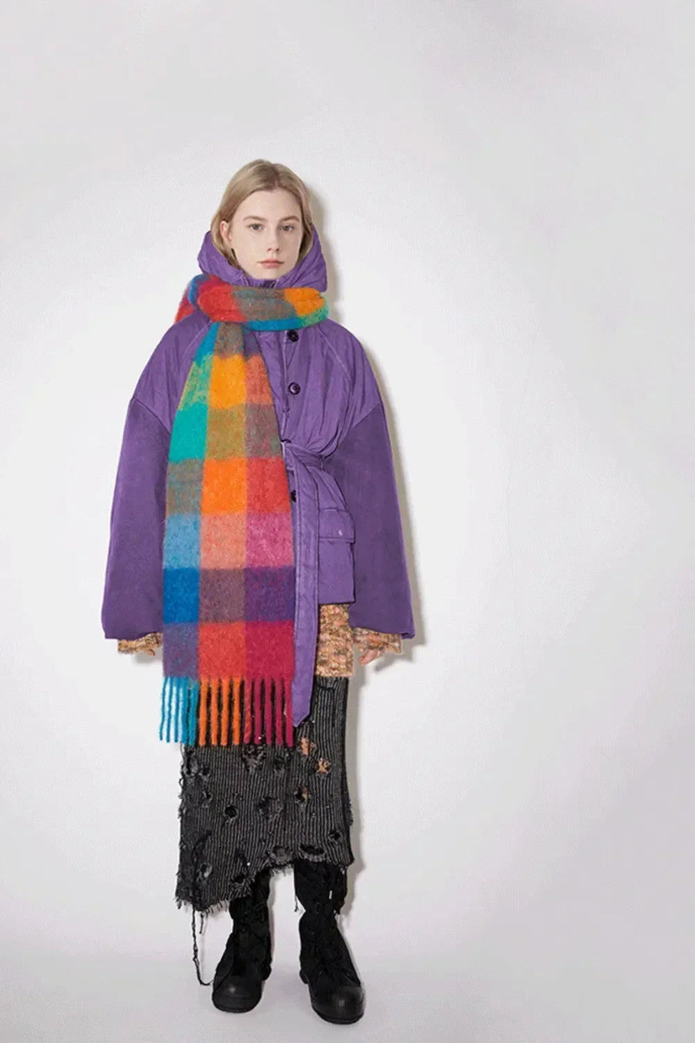 Thermal Fringe Plaid Scarf