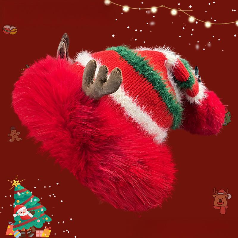 Christmas Knit Beanie with Antlers – Faux Rabbit Fur, Ear Warmers, Wide Brim for Outdoor Commute & Gatherings
