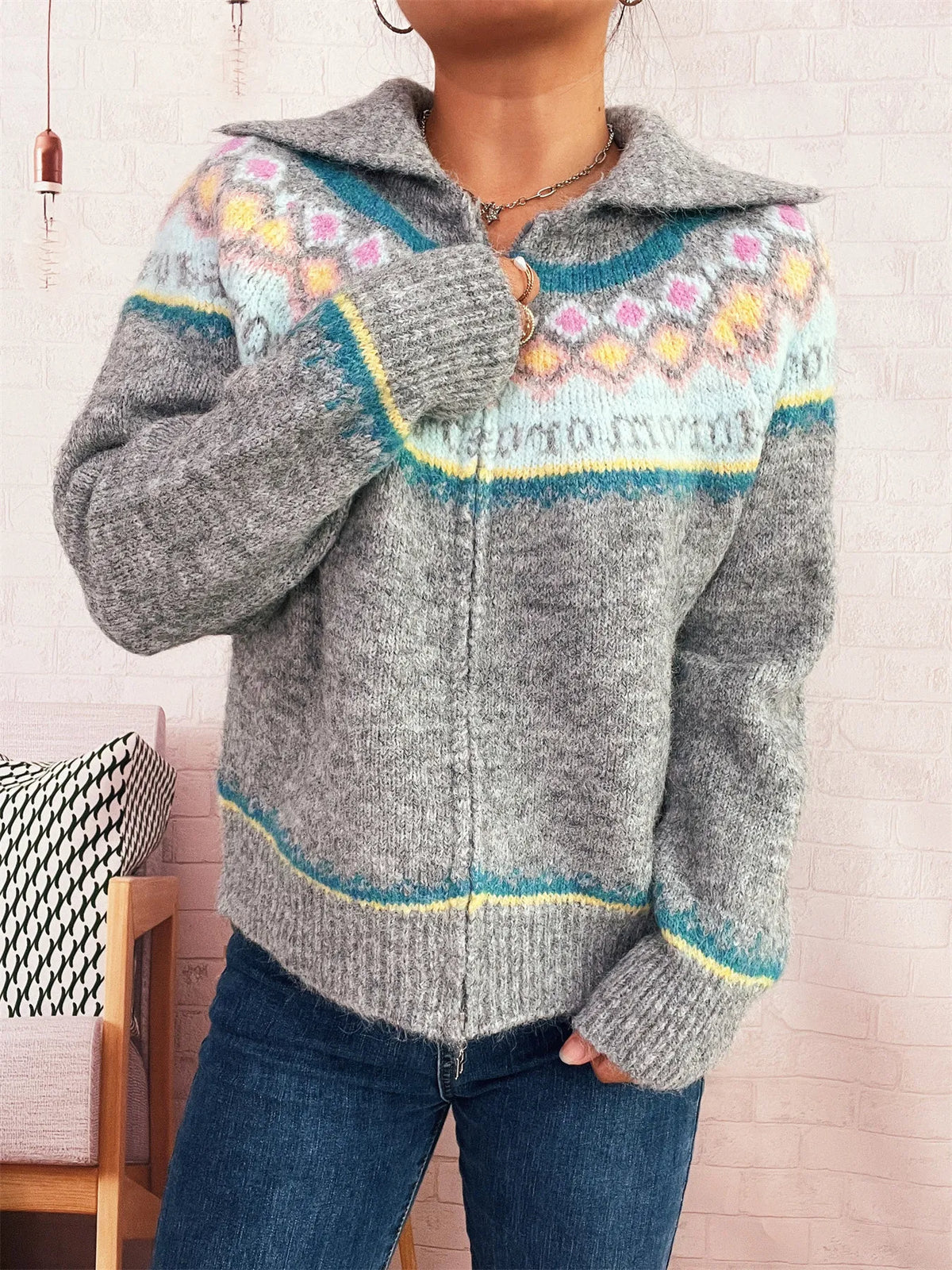 Fair Isle Zip Up Cardigan