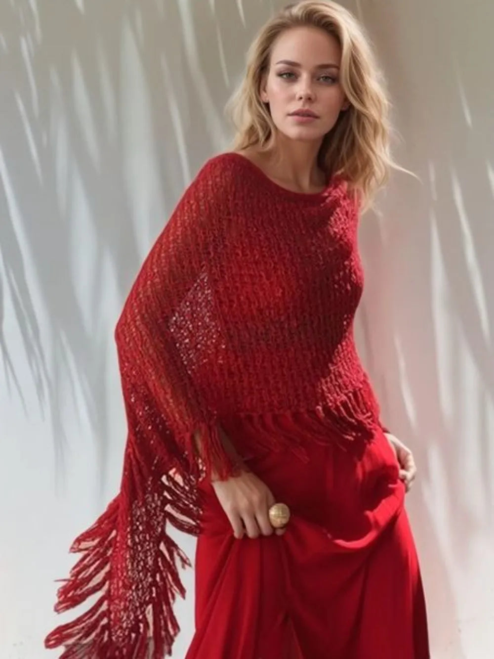 Tassel Boat Neck Knit Shawl
