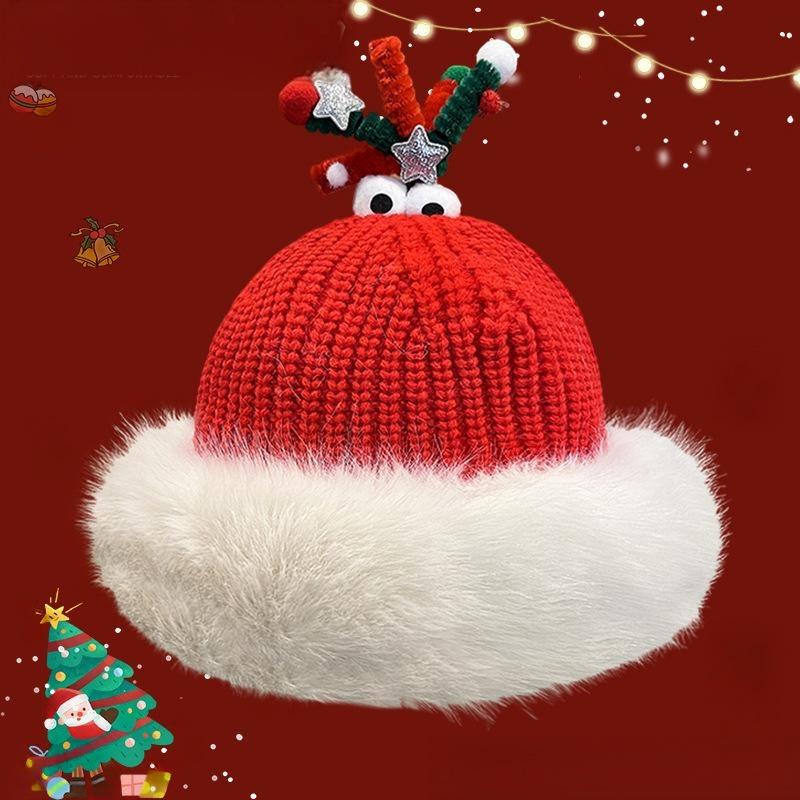 Christmas Knit Beanie with Antlers – Faux Rabbit Fur, Ear Warmers, Wide Brim for Outdoor Commute & Gatherings