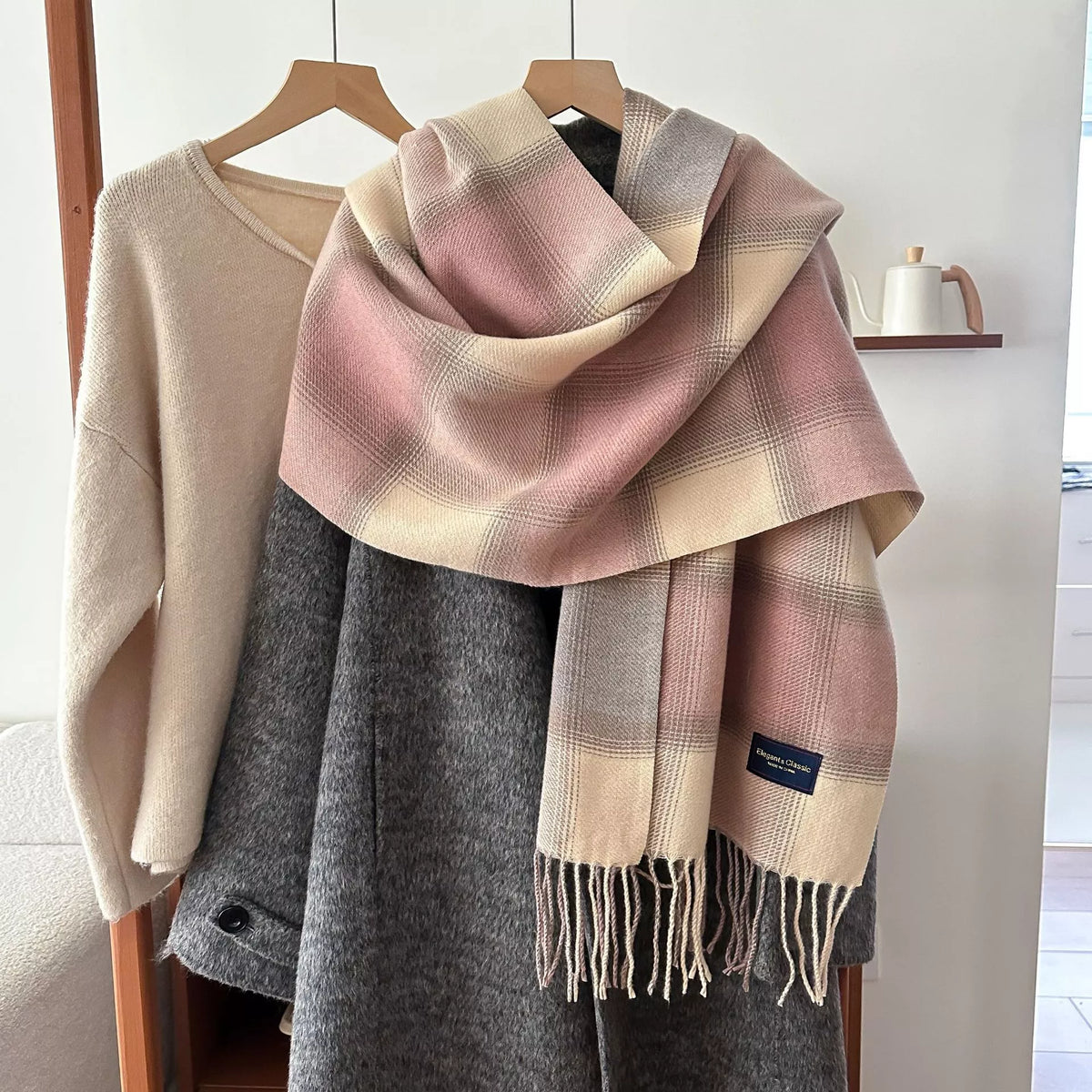 Pastel Color Block Plaid Fringe Scarf