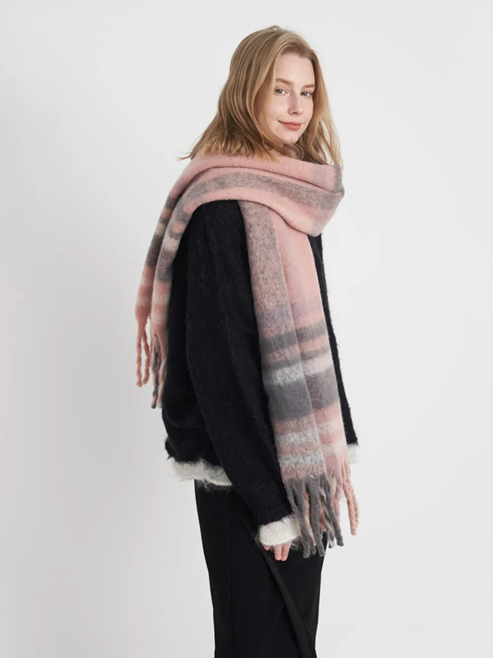 Extra Long Fringe Plaid Polyester Scarf