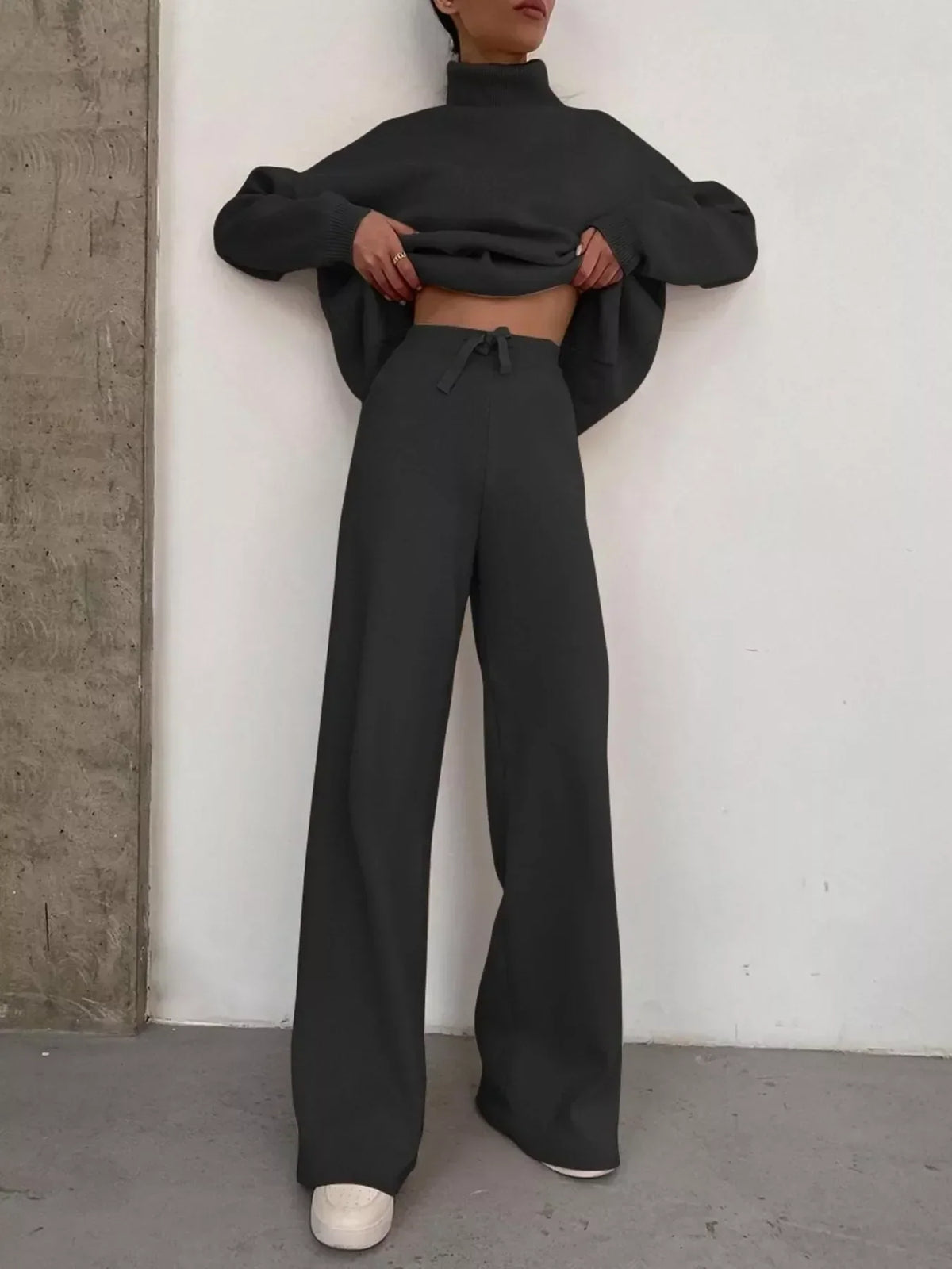Turtleneck Long Sleeve Top and Pants Sweater Set Plus Size