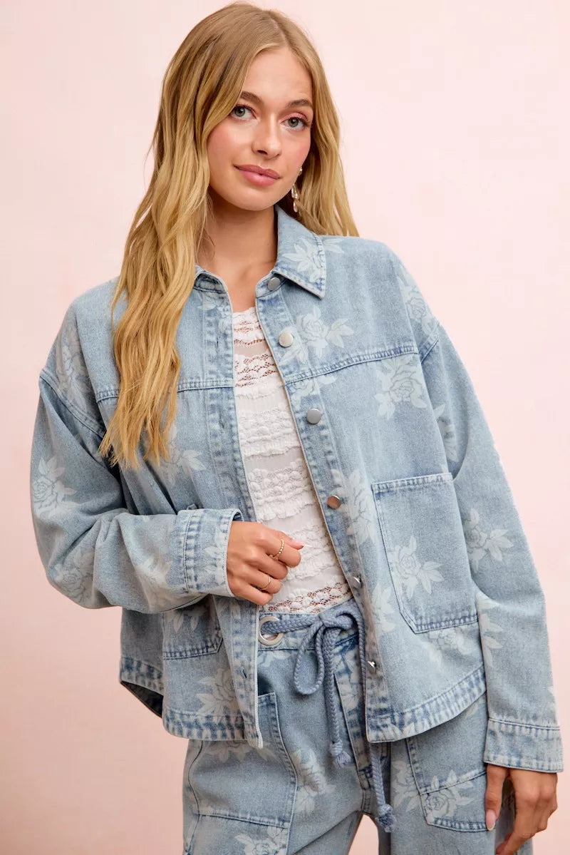 Floral Print Washed Denim Jacket