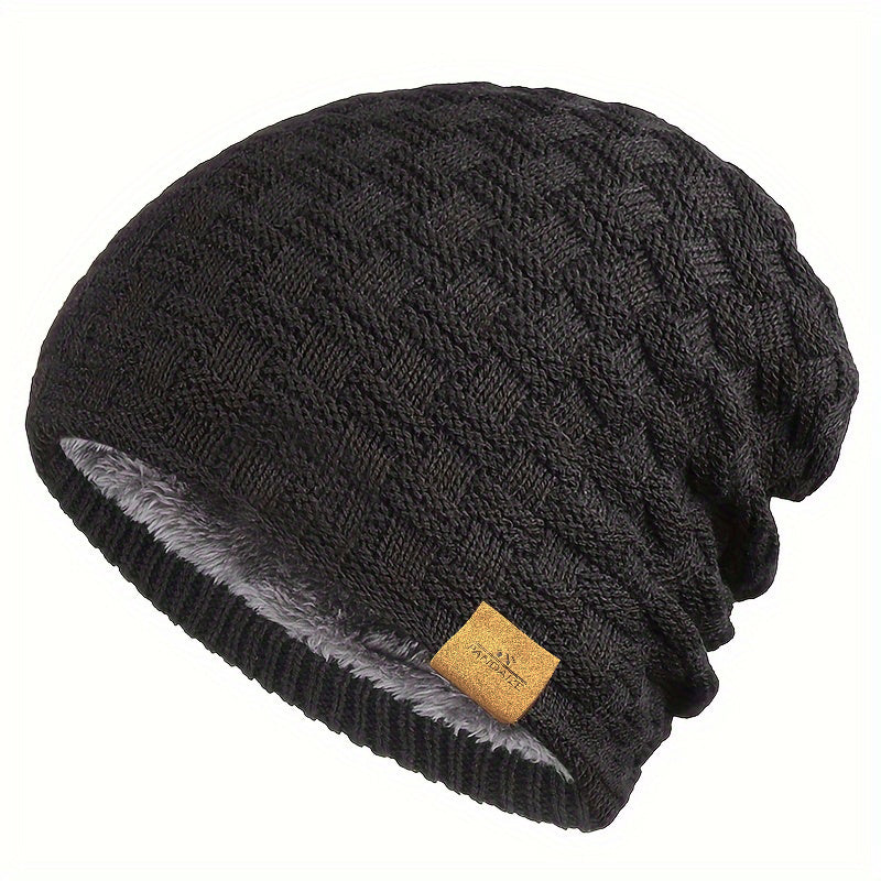 Pandaize W Patch Fleece Beanie - Coldproof Knit Hat for Autumn & Winter
