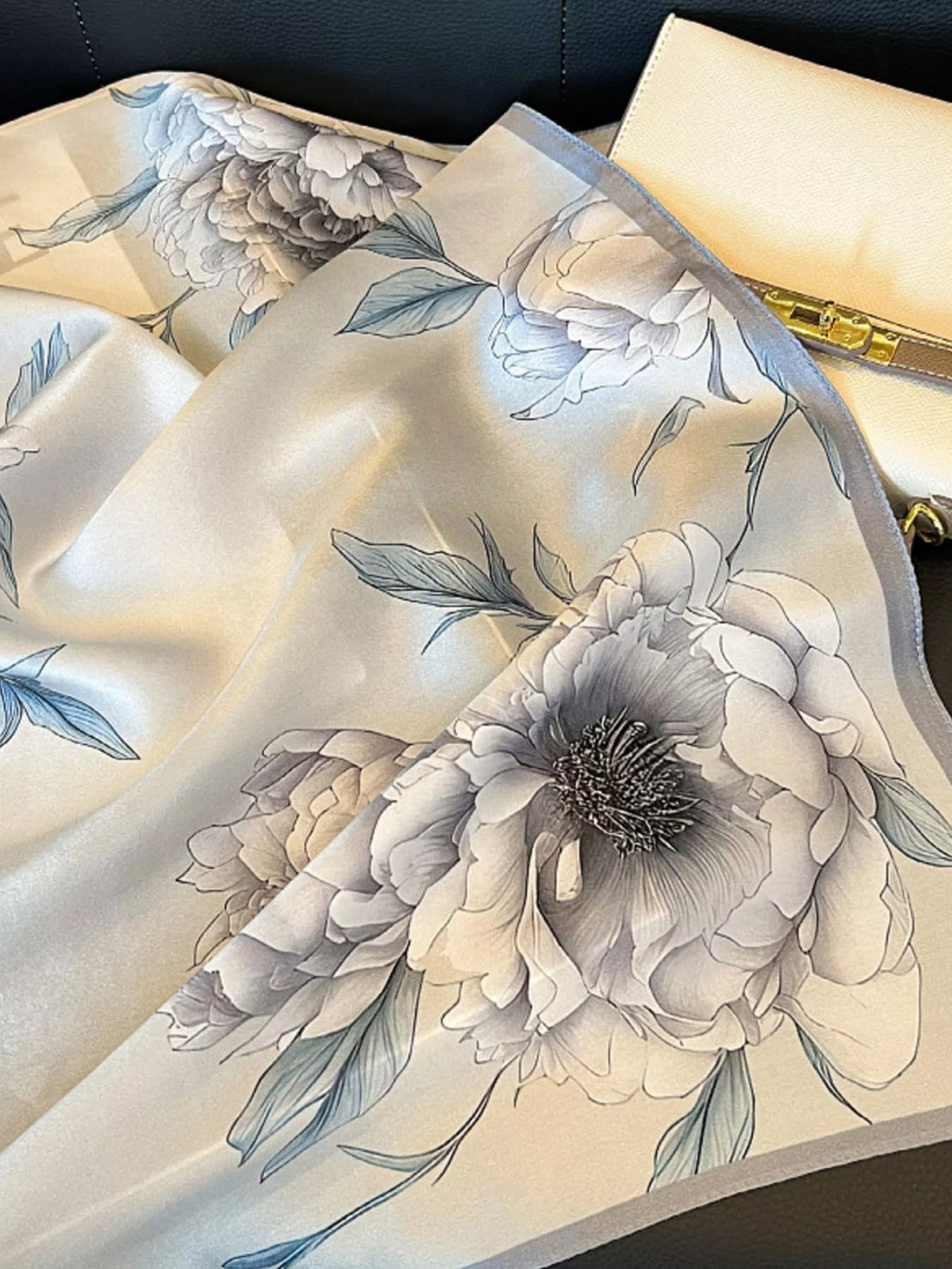 Light Gray Floral Print Silk Square Scarf