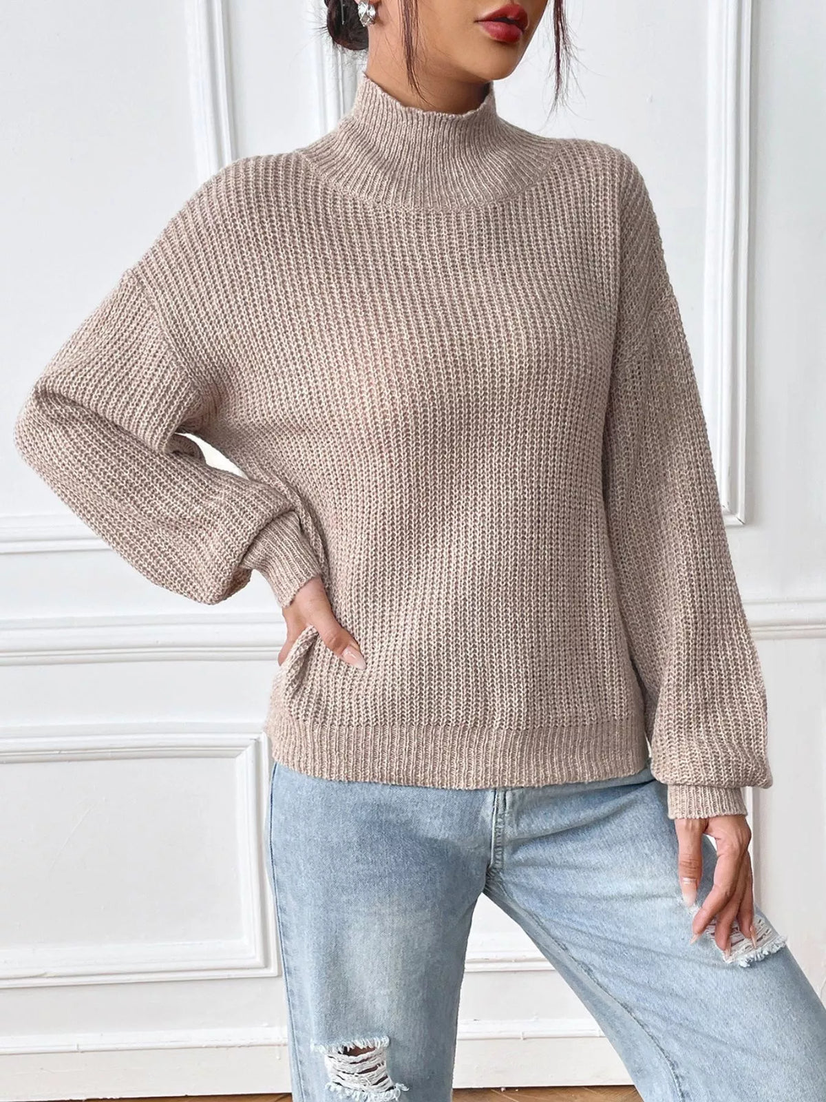 Cozy Knit Turtleneck Drop Shoulder Sweater