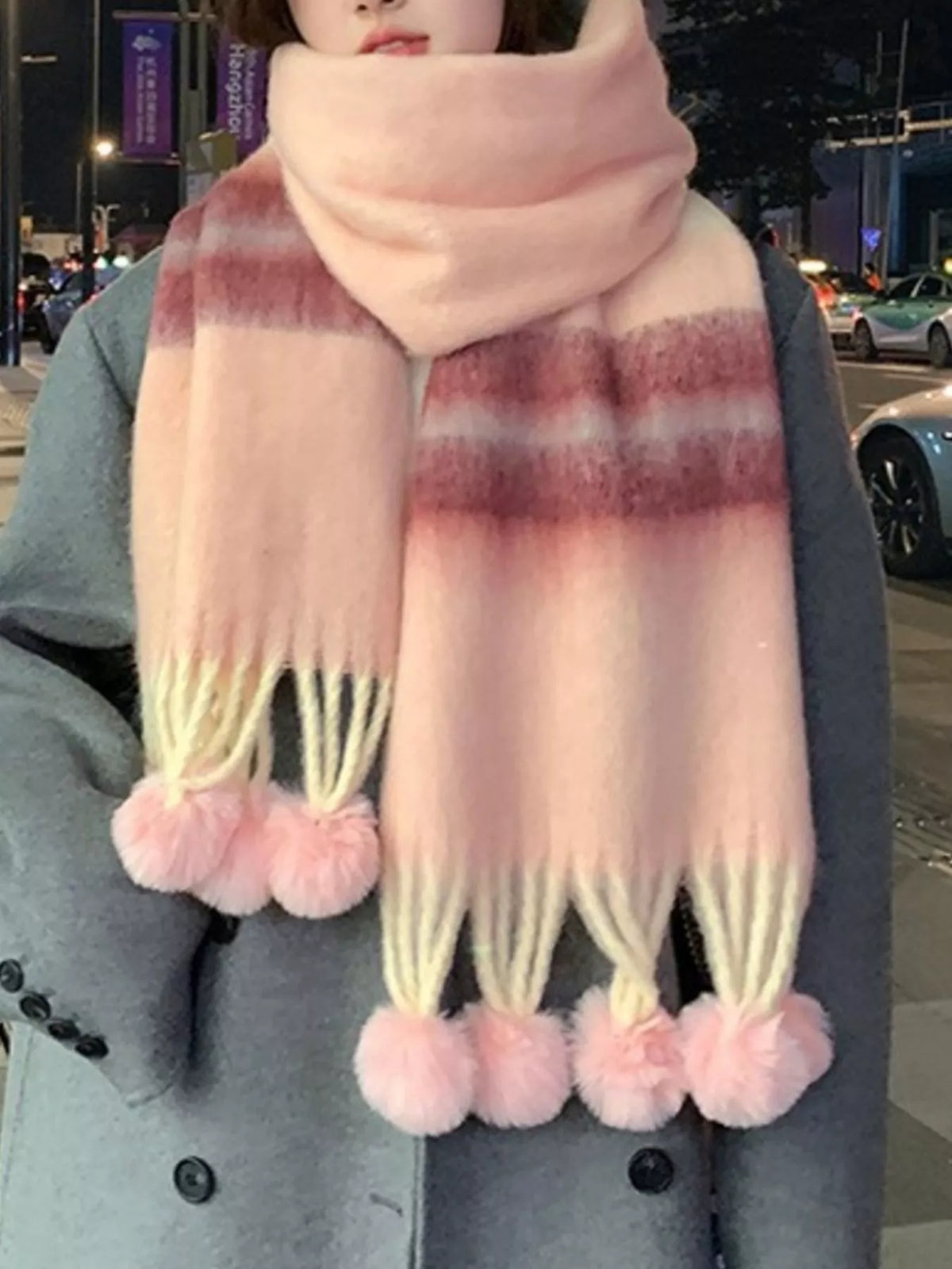 Striped Scarf with Pom-Poms