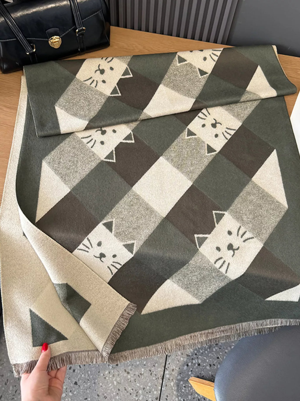 Cute Cat Plaid Raw Hem Scarf