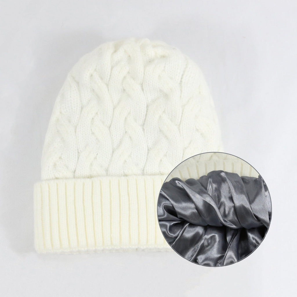 Cashmere Blend Cable Knit Beanie - Satin Lined