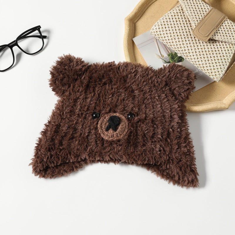 Bear-Shaped Plush Knitted Hat - Winter Warm Ear-Protective Slouchy Beanie - Unisex Face-Flattering Headwear