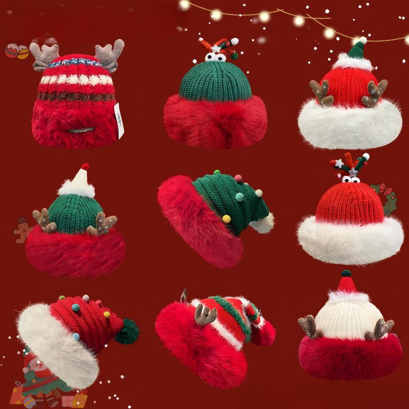 Christmas Knit Beanie with Antlers – Faux Rabbit Fur, Ear Warmers, Wide Brim for Outdoor Commute & Gatherings