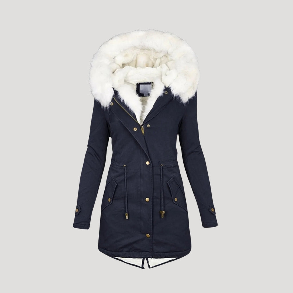 Ladies Warm Parka Coat with Faux Fur Hood and Waist Belt
