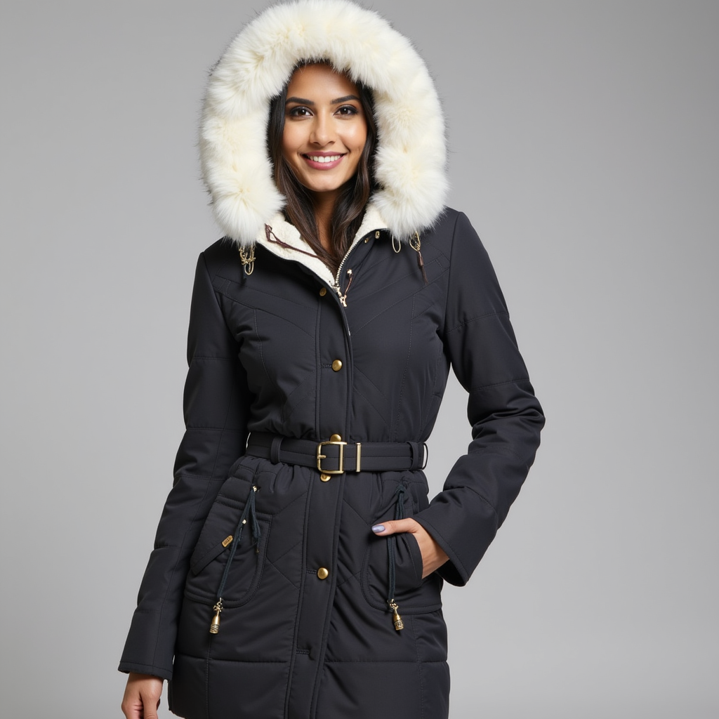 Ladies Warm Parka Coat with Faux Fur Hood and Waist Belt