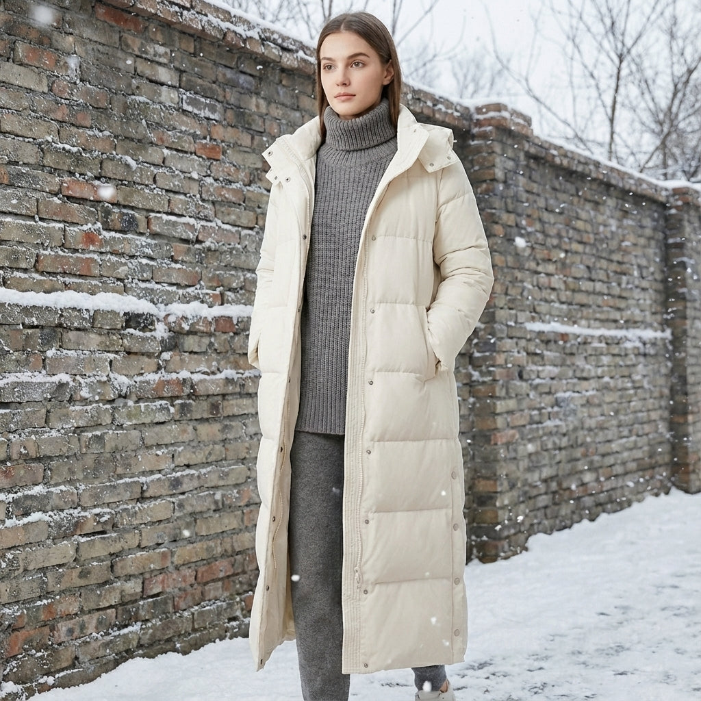 Warm Quilted Down Parka Coat with Hood and Pockets