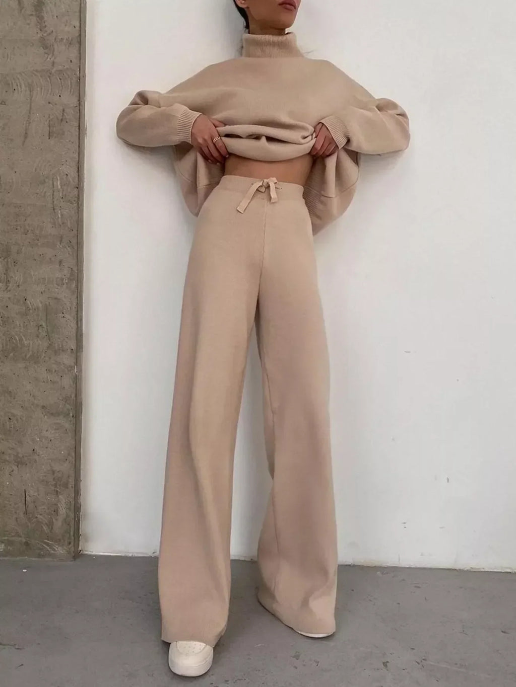 Turtleneck Long Sleeve Top and Pants Sweater Set Plus Size