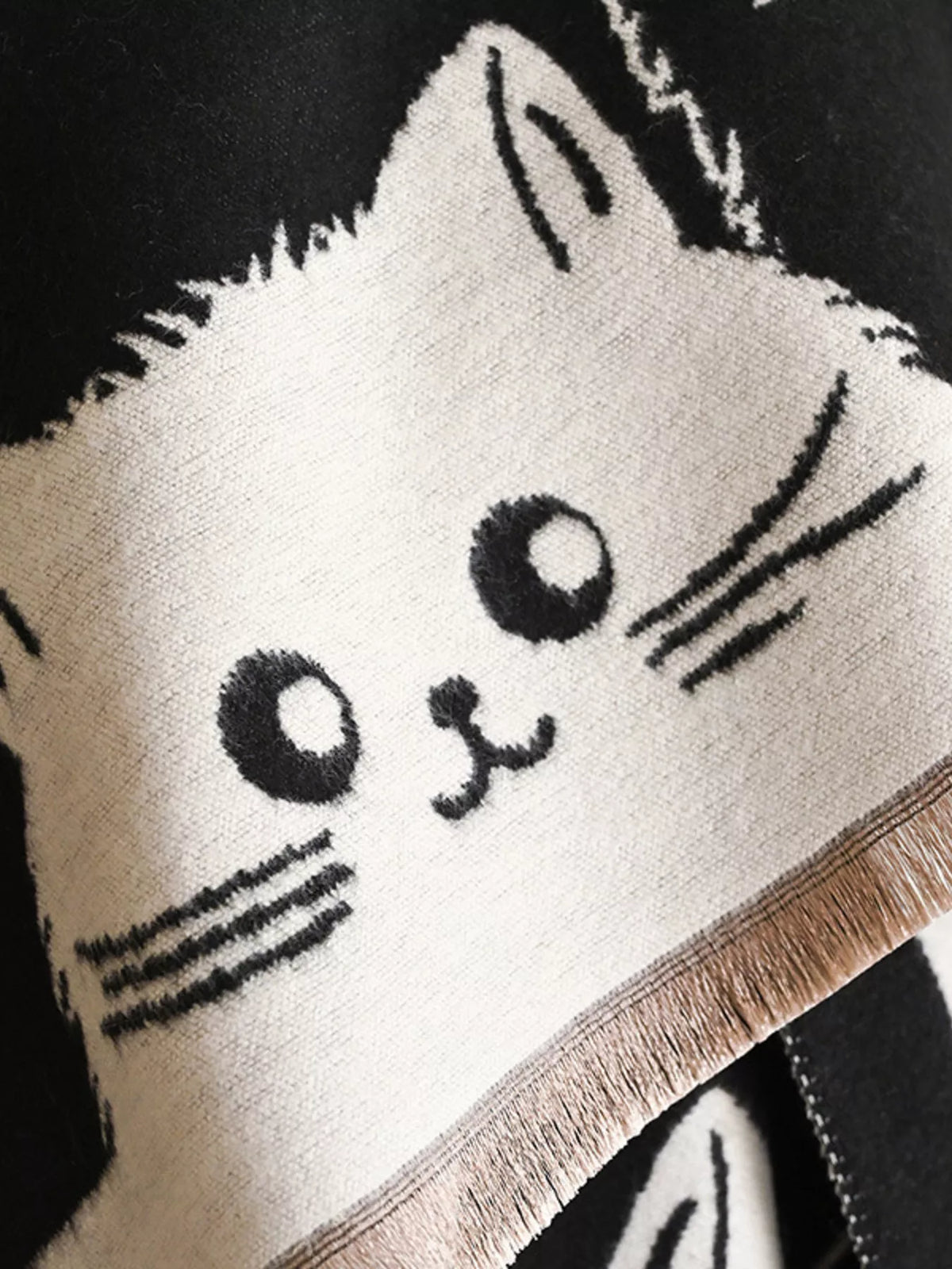 Cute Cat Pattern Knitted Wide Scarf with Contrast Border