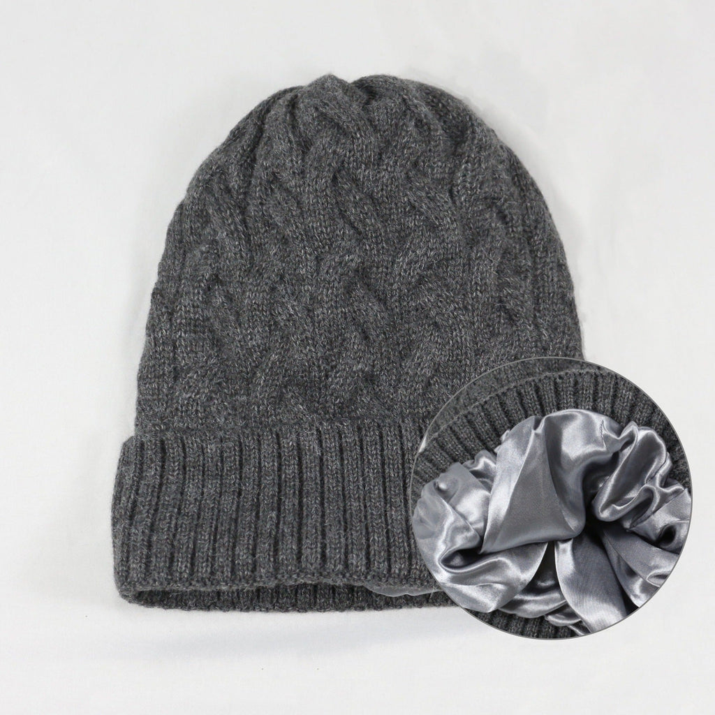 Cashmere Blend Cable Knit Beanie - Satin Lined