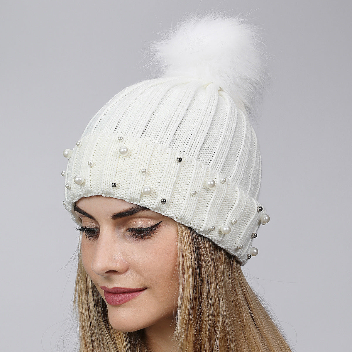 Pearl Knit Pom-Pom Beanie - Cozy Winter Hat