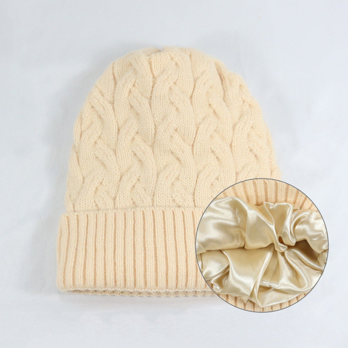 Cashmere Blend Cable Knit Beanie - Satin Lined