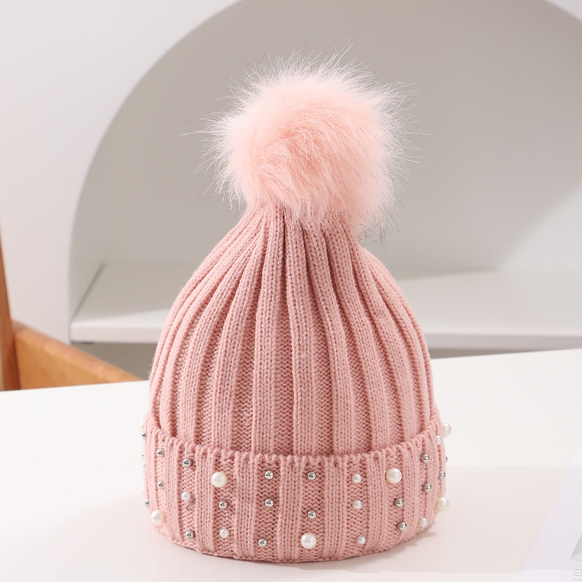 Pearl Knit Pom-Pom Beanie - Cozy Winter Hat