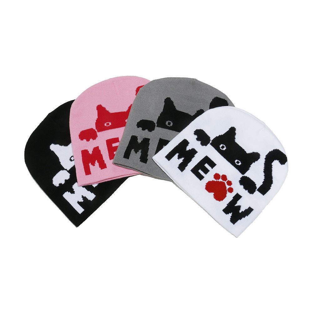 Cute Cat Jacquard Knit Beanie - Cozy Winter Hat