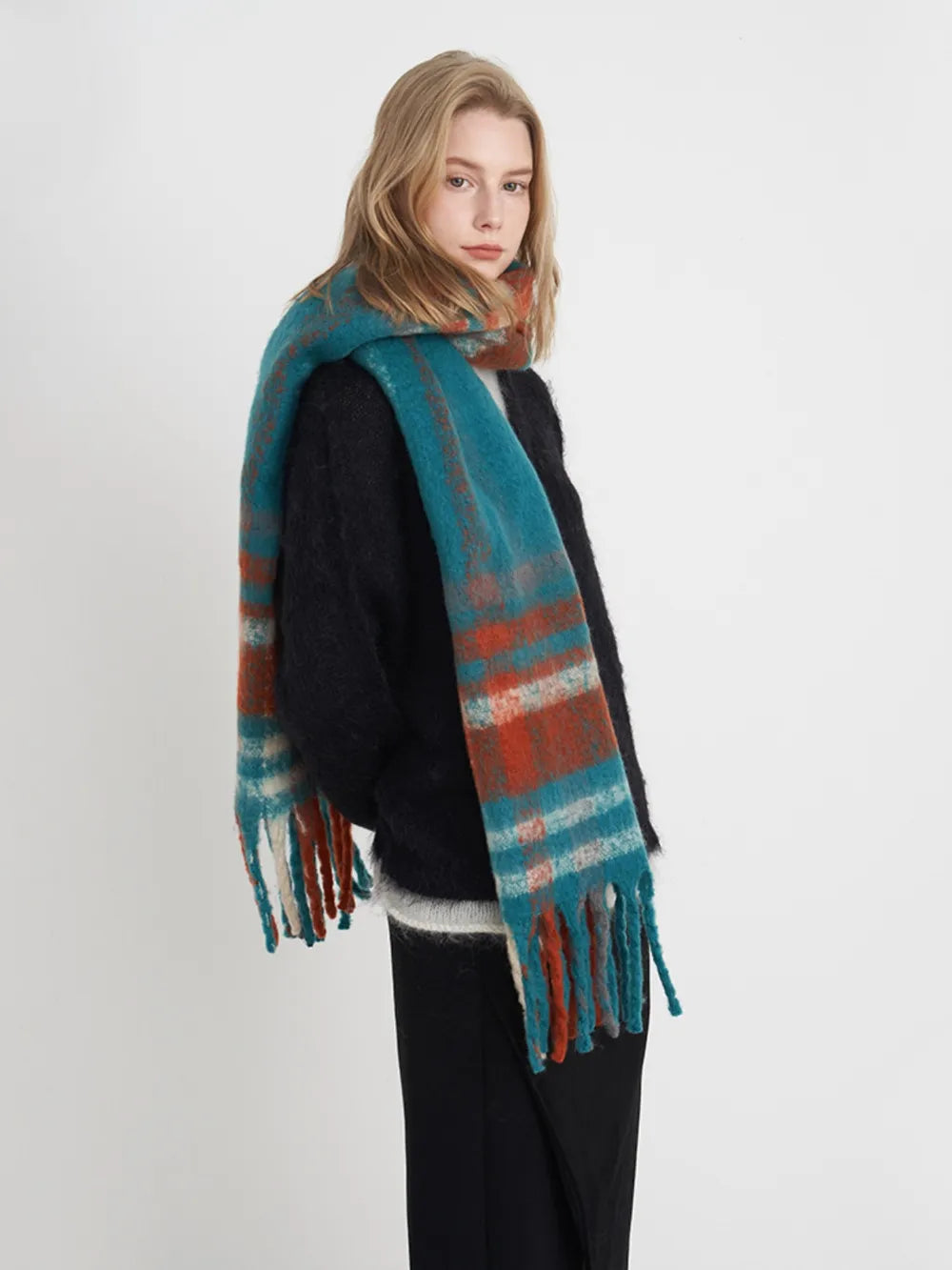 Extra Long Fringe Plaid Polyester Scarf