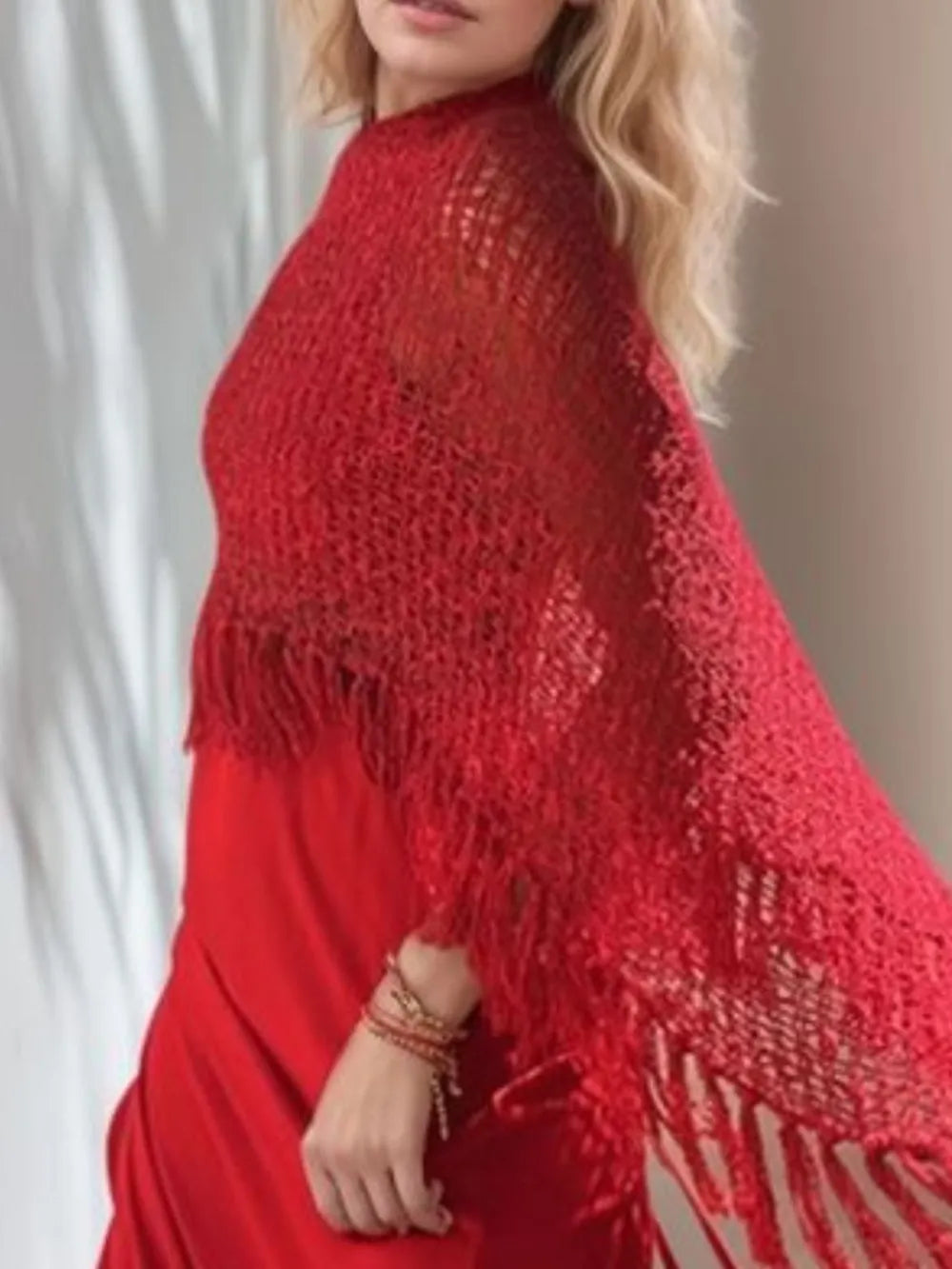 Tassel Boat Neck Knit Shawl