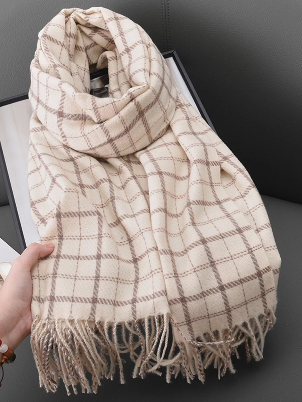 Classic Grid Check Plaid Fringe Scarf