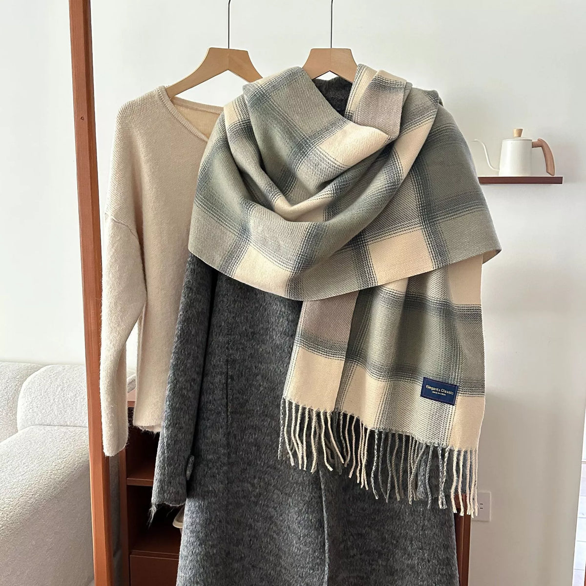 Pastel Color Block Plaid Fringe Scarf