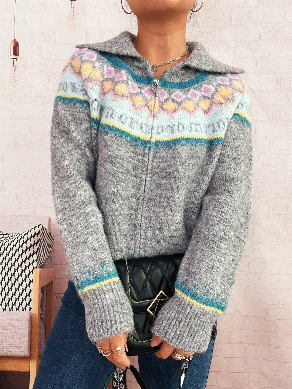 Fair Isle Zip Up Cardigan