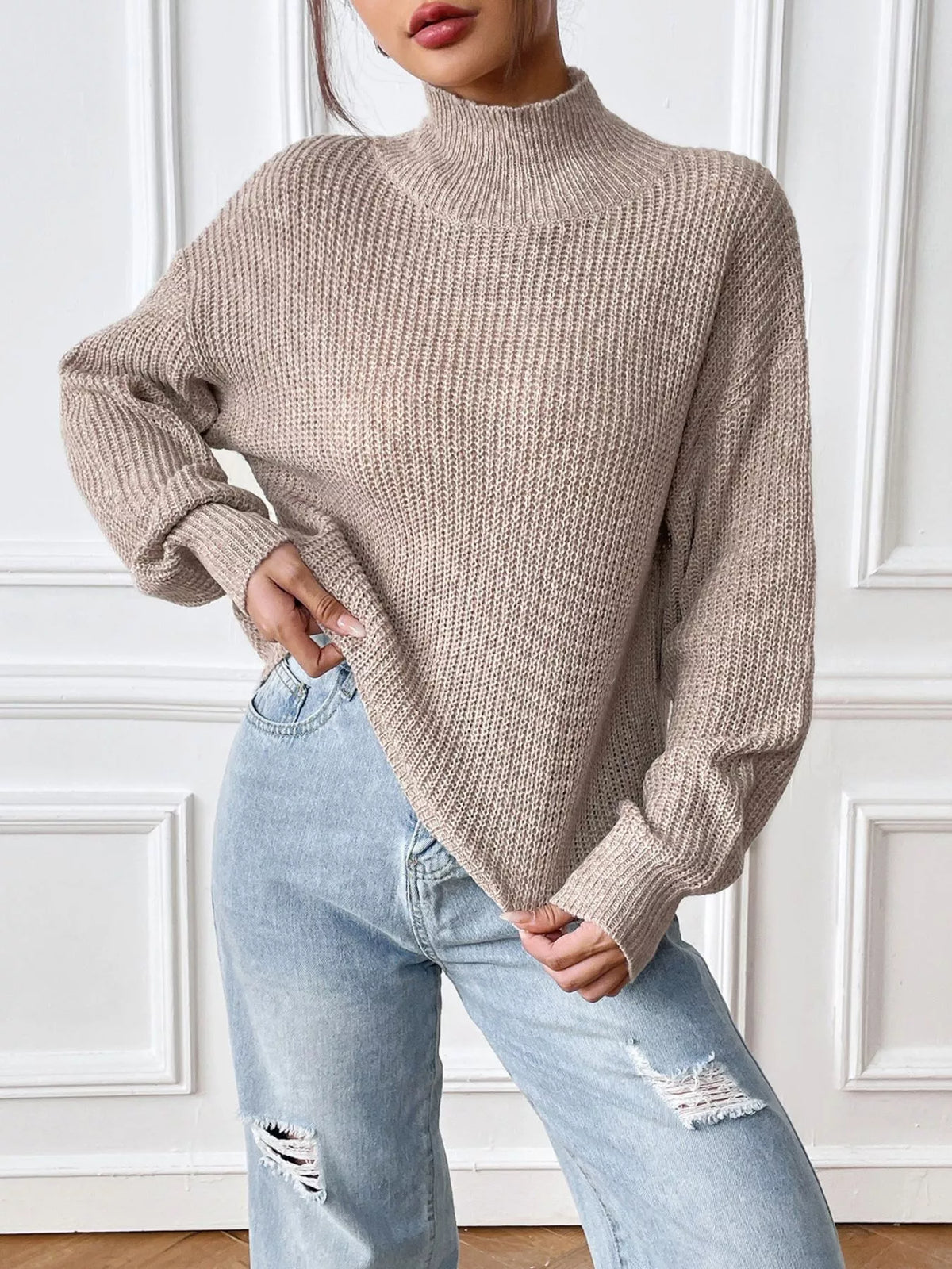 Cozy Knit Turtleneck Drop Shoulder Sweater