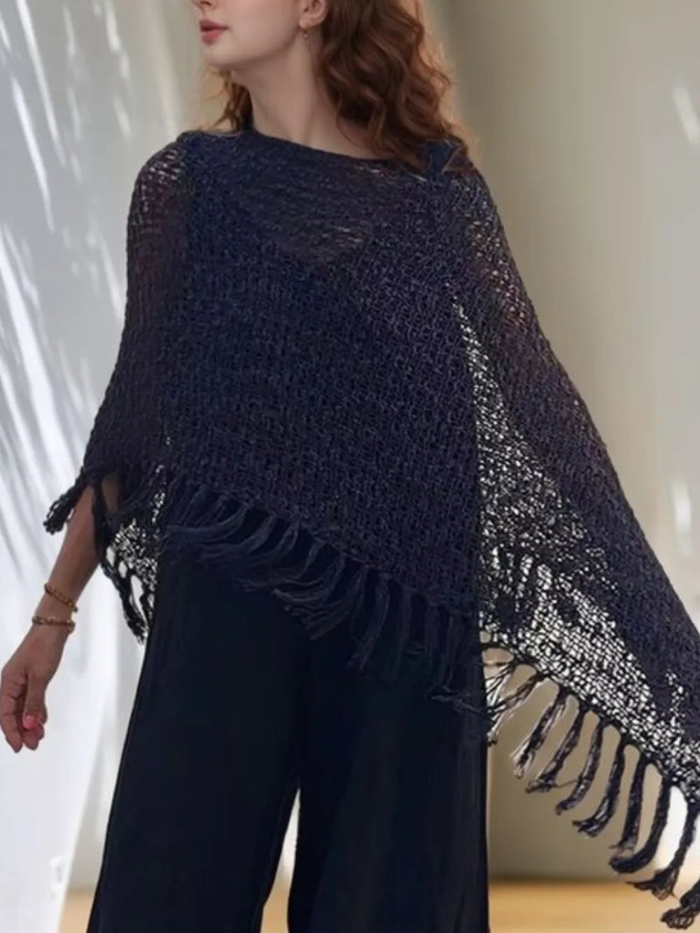 Tassel Boat Neck Knit Shawl