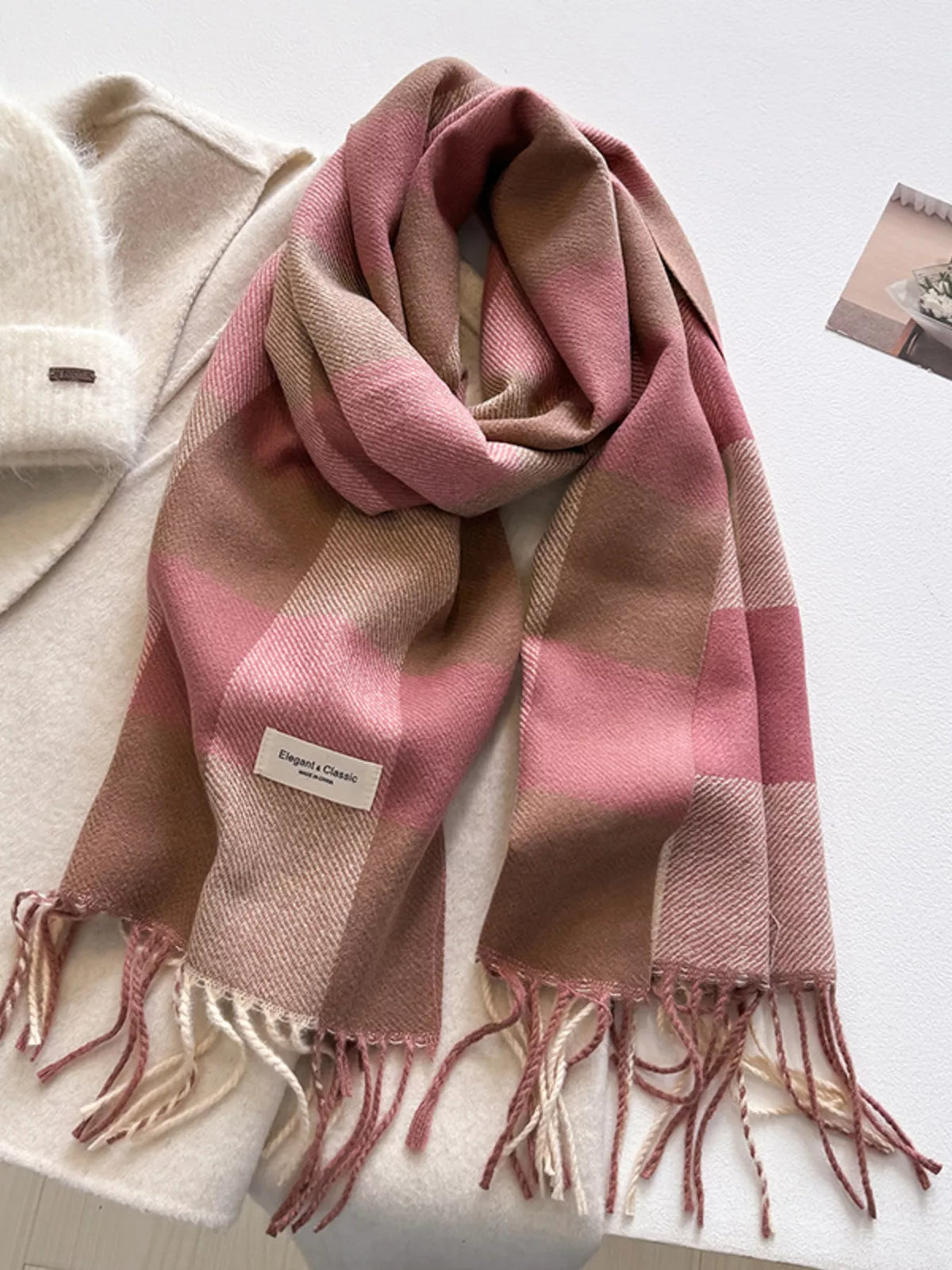 Color Block Plaid Fringe Blanket Scarf