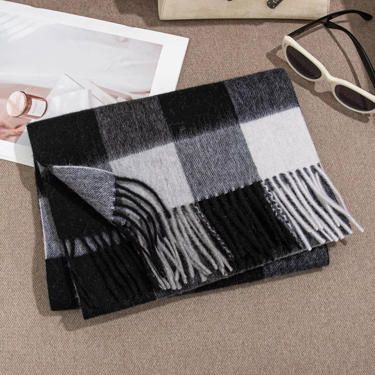 Windowpane Plaid Fringe Scarf