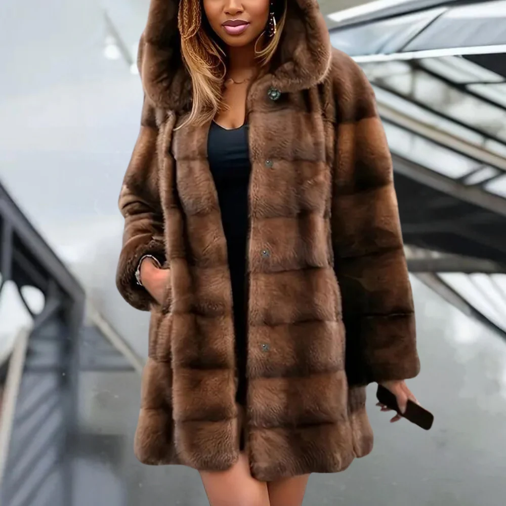 Soft Women's Fur Parka Coat Mid Length