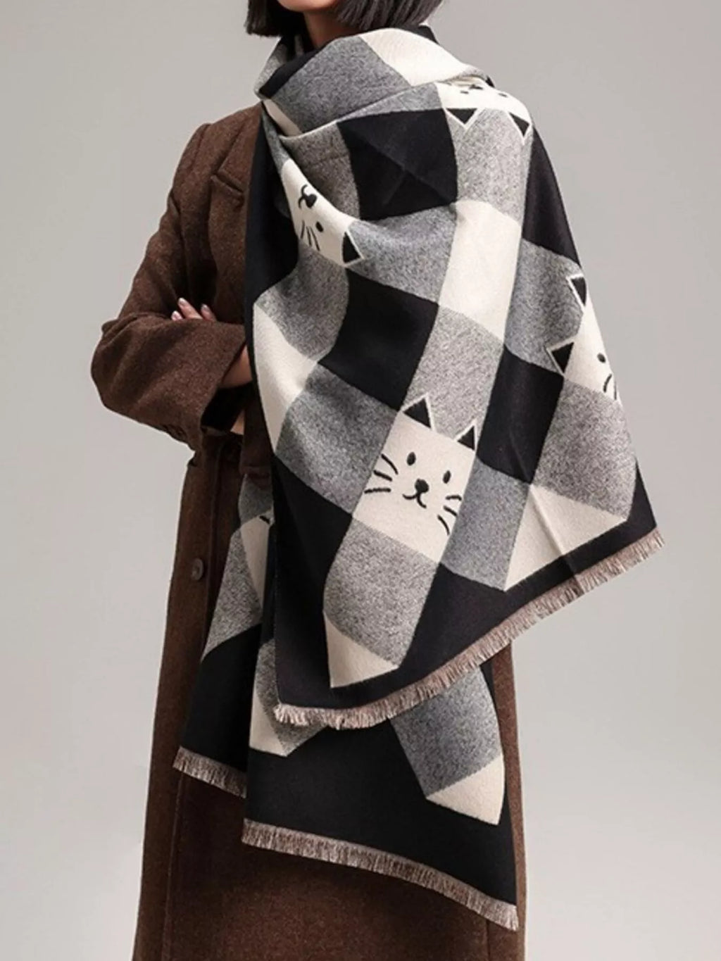 Cute Cat Plaid Raw Hem Scarf