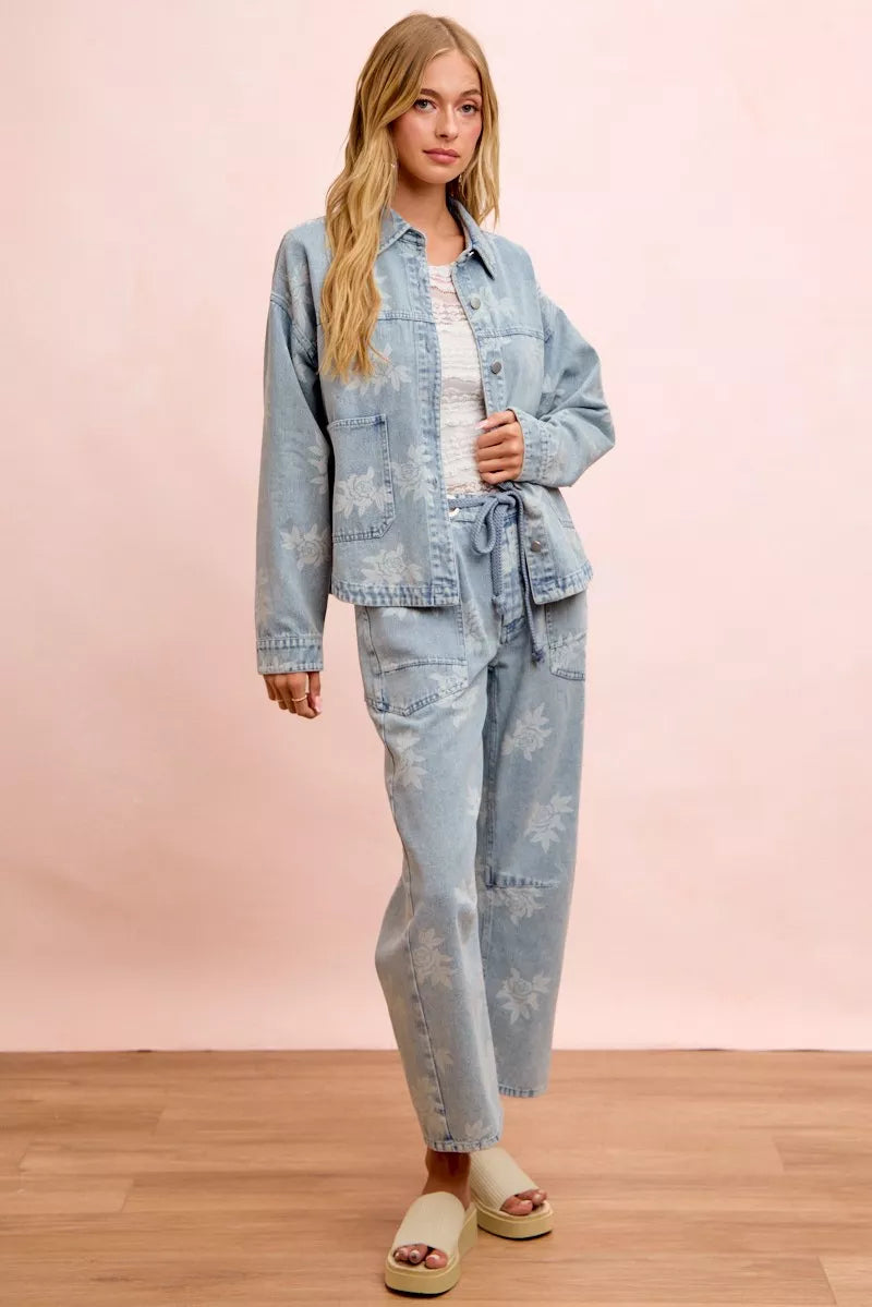 Floral Print Washed Denim Jacket