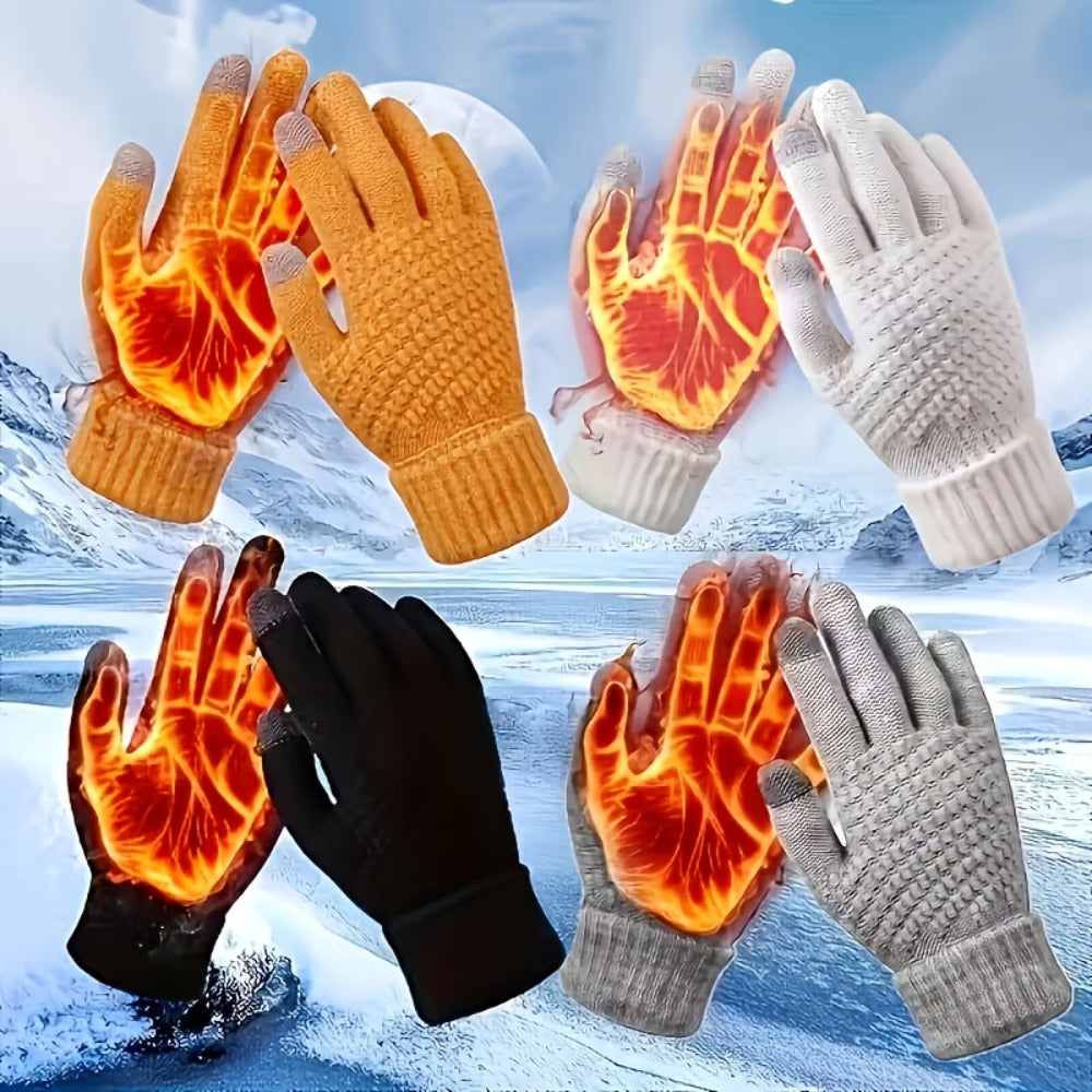 Four-Pair Black Full-Finger Knit Glove Set with Pictured Touchscreen Fingertip Detail and Full Coverage