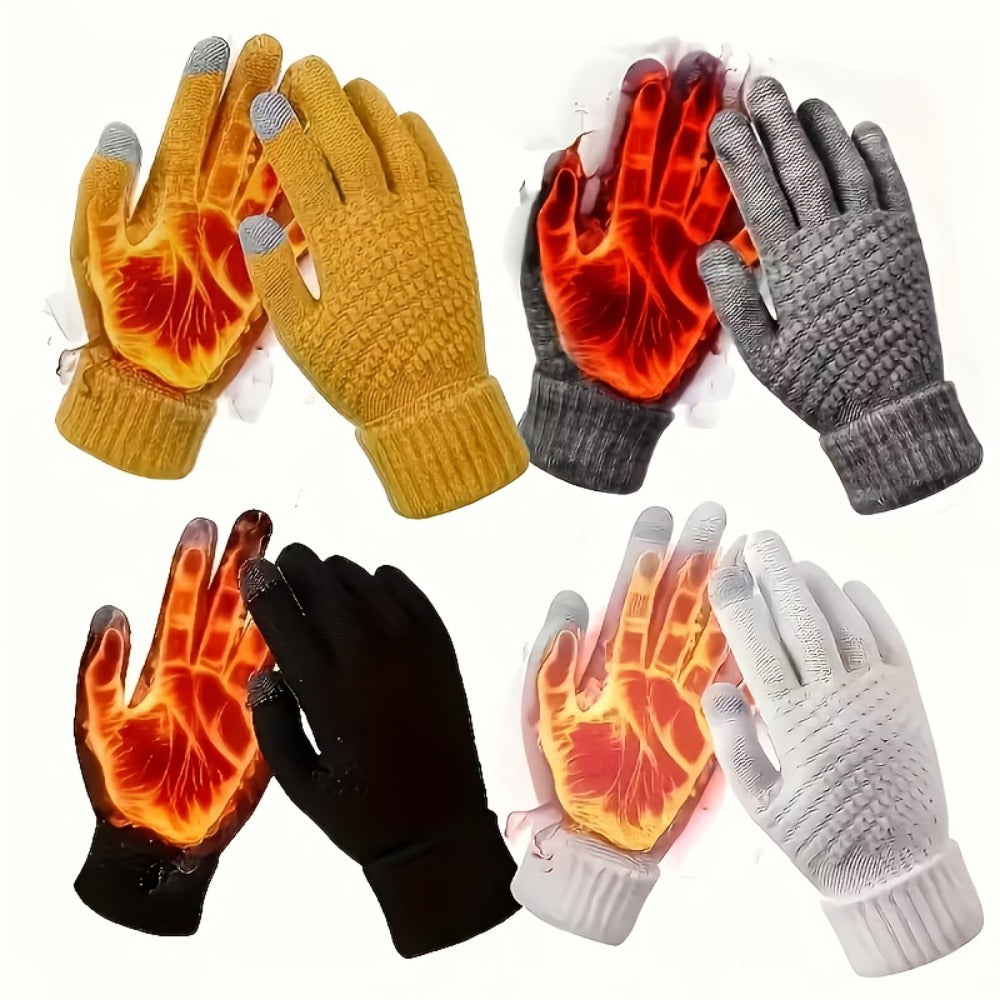 Four-Pair Black Full-Finger Knit Glove Set with Pictured Touchscreen Fingertip Detail and Full Coverage