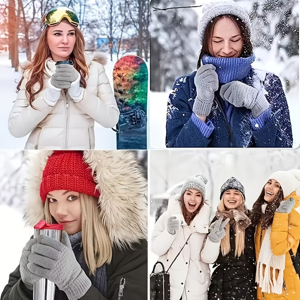 Four-Pair Black Full-Finger Knit Glove Set with Pictured Touchscreen Fingertip Detail and Full Coverage
