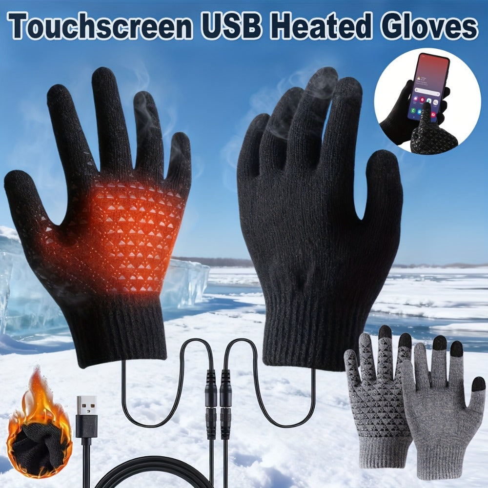 USB-Powered Full-Finger Heated Gloves with Touchscreen Fingertips, Anti-Slip Palms and Black or Gray Pair Options
